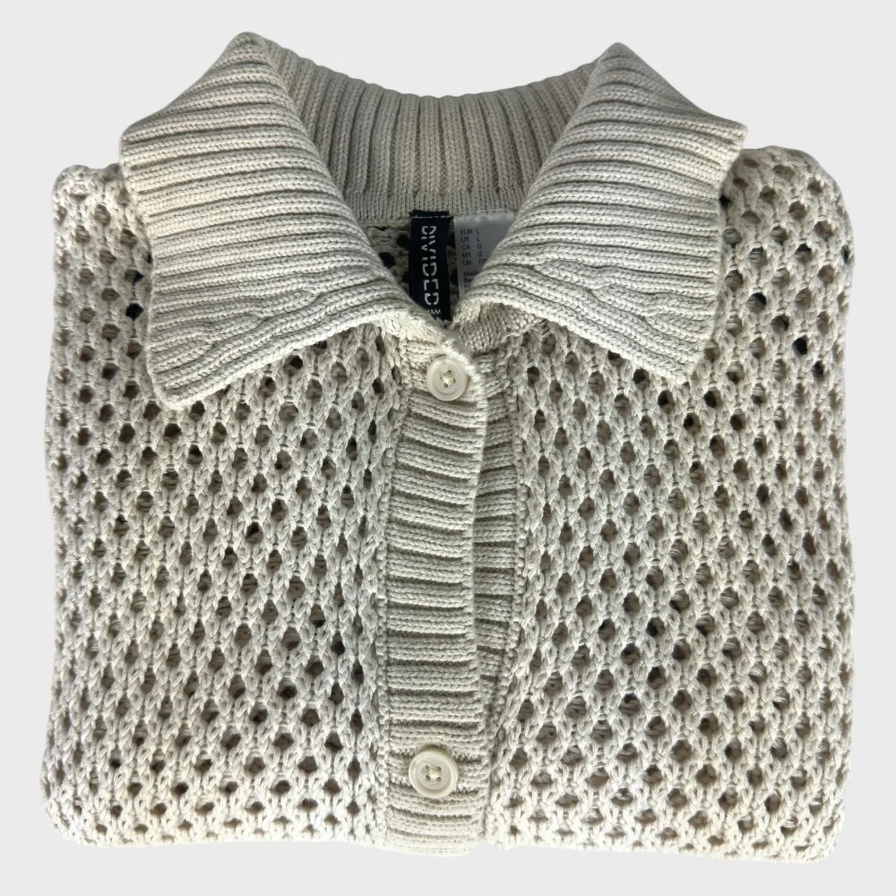 H&M Beige Open-Knit Button-Down Cardigan with Ribbed Collar - Picture 3 of 10